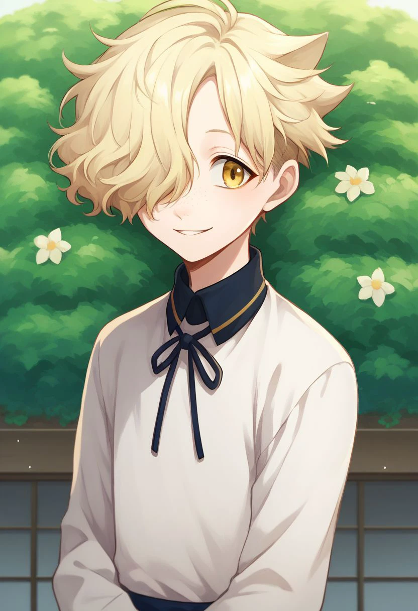 score_9, score_8_up, score_7_up, source_anime, highly detailed, 
gokotai, 1boy, male focus, solo, hair over one eye, freckles, yellow eyes, blonde hair,
upper body, smile, cute, pale,
outdoor, garden japanese,