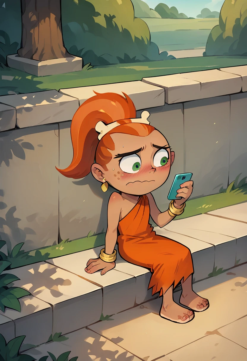 score_9, score_8_up, score_7_up, masterpiece,  1girl, ctianf4ng, earrings, bracelet, orange dress, outdoors, sitting, blush, nervous, phone, <lora:fang_barbarian_pony_ct:1>