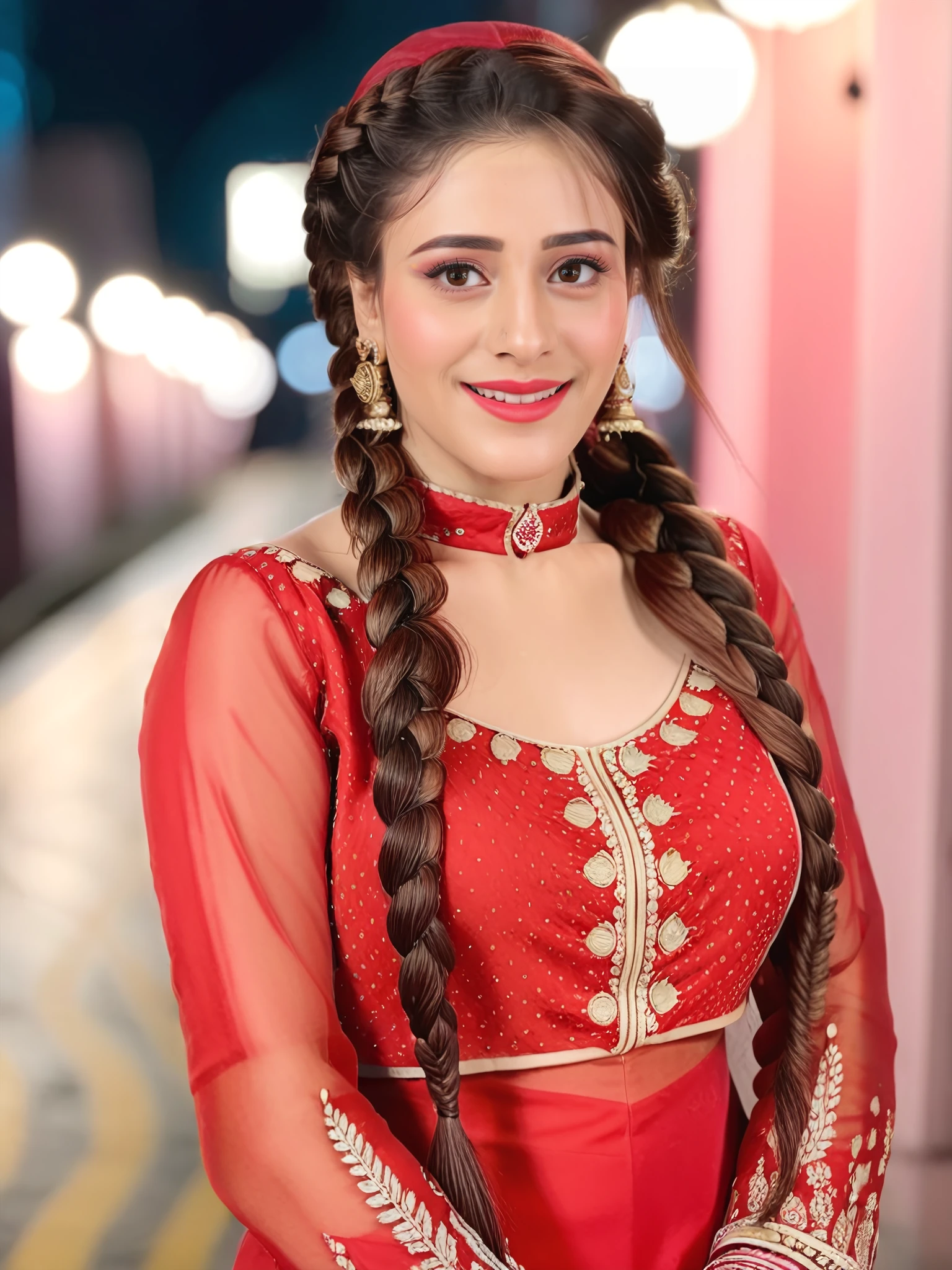 portrait photo of Hiba Nawab woman, cute, wearing conservative intricate Crimson colored clothing, braids, smile, looking at the camera, lipstick, night time,soft lighting, city lights in bokeh <lora:Hiba_Nawab_SDXL_LoRA_adafactor:1>