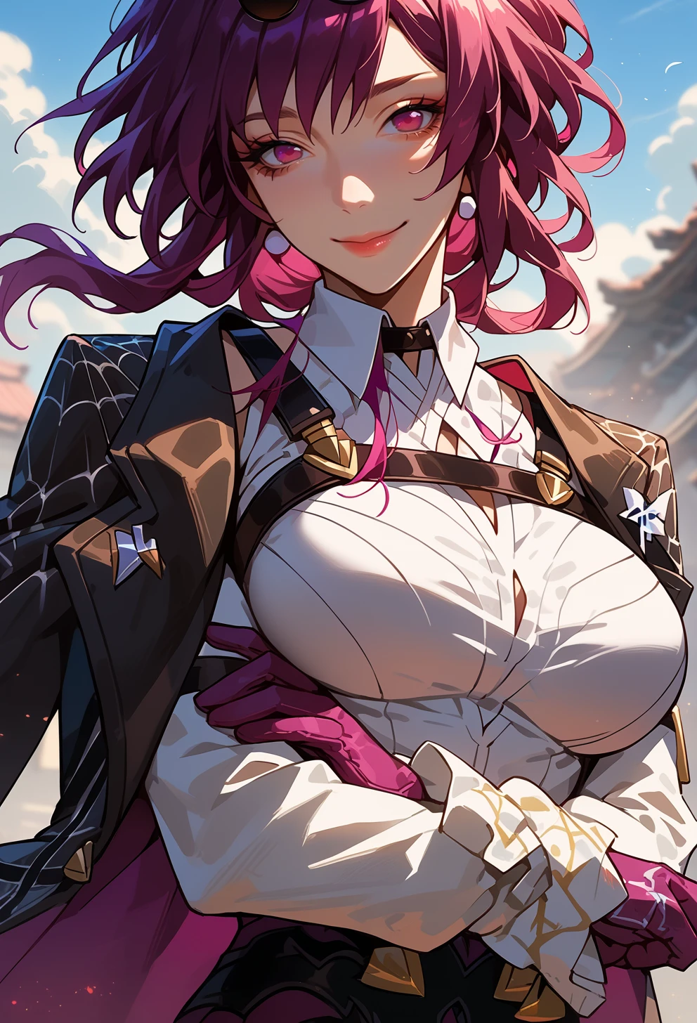 score_9, score_7_up, source_anime, BREAK solo,  <lora:AEKafka:1> aekafka, jacket on shoulders, collared shirt, arm belt, chest harness, purple gloves, sunglasses, crossed arms, breast focus, seductive smile, portrait,