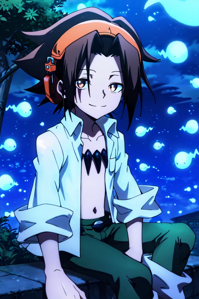 score_9,score_8_up,score_7_up,source_anime,1boy, solo,looking at viewer, Asakura Yoh,brown hair, brown eyes,spiked hair,headphonese, White shirt, open shirt,green pants, jewelry,necklace, sitting, smile, outdoors, night, ghost, on side, light<lora:EMS-403319-EMS:1.000000>