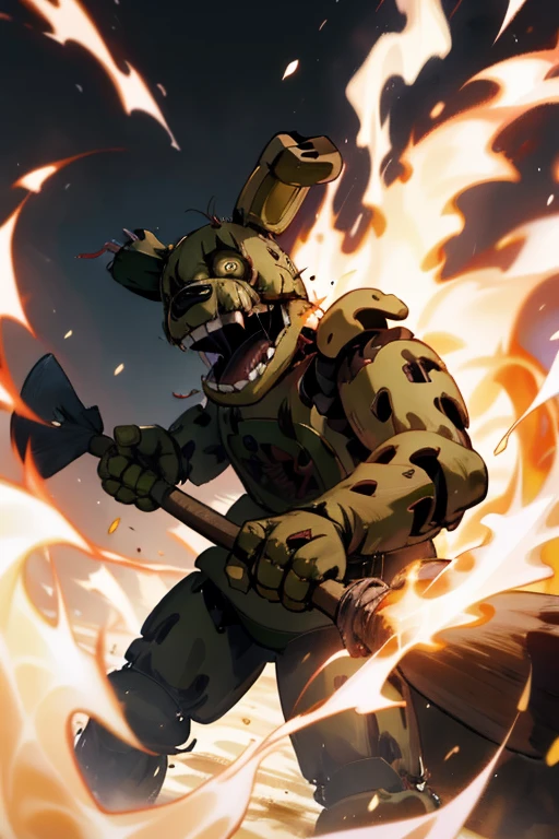 <lora:springtrap-10:1> springtrap, fire background, holding axe, angery, open mouth, fire everywhere, masterpiece, best quality