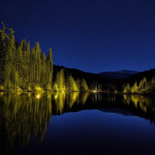 landscape, forest, trees, lake, night, stars