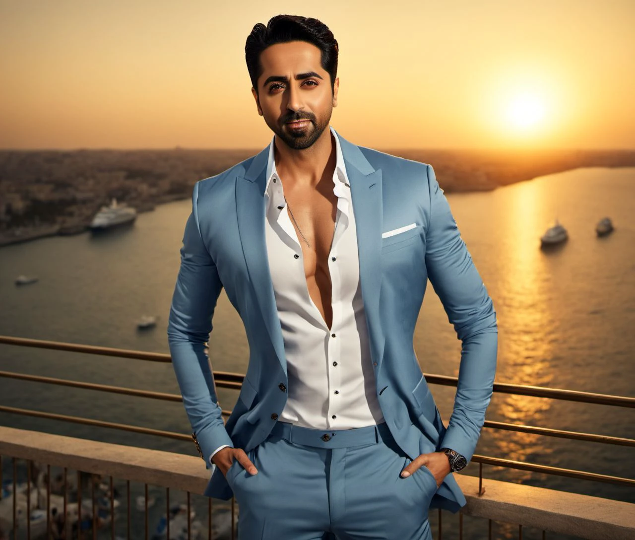 Nautical-themed (Photo:1.3) of (Ultrarealistic:1.3) <lora:Man_Men_FFashion:1> Ayushmann Khurrana a man <lora:Ayushmann-Khurrana:1> in a blue suit standing on a balcony, handsome man, attractive man, handsome male, sun behind him, inspired by Pablo Munoz Gomez, shot at golden hour, editorial photograph, midshot of a hunky, by Roman Bezpalkiv, by Artur Tarnowski, maxim sukharev, by Gabor Szikszai,Highly Detailed,(Mono Color:1.3) . Sea, ocean, ships, maritime, beach, marine life, highly detailed