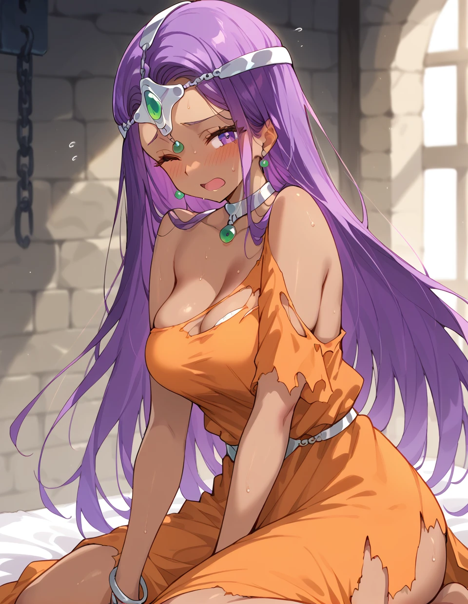 1girl,<lora:Minea and Manya_pony:1>,minea and manya,Minea,purple hair,purple eyes,dark skin,
orange dress,forehead,parted bangs,(torn clothes:1.4),sitting,sweat,blush,wince,covering,dungeon,shy,embarrass,scared,looking at viewer,, score_9,score_8_up,score_7_up,score_6_up,score_5_up,score_4_up,