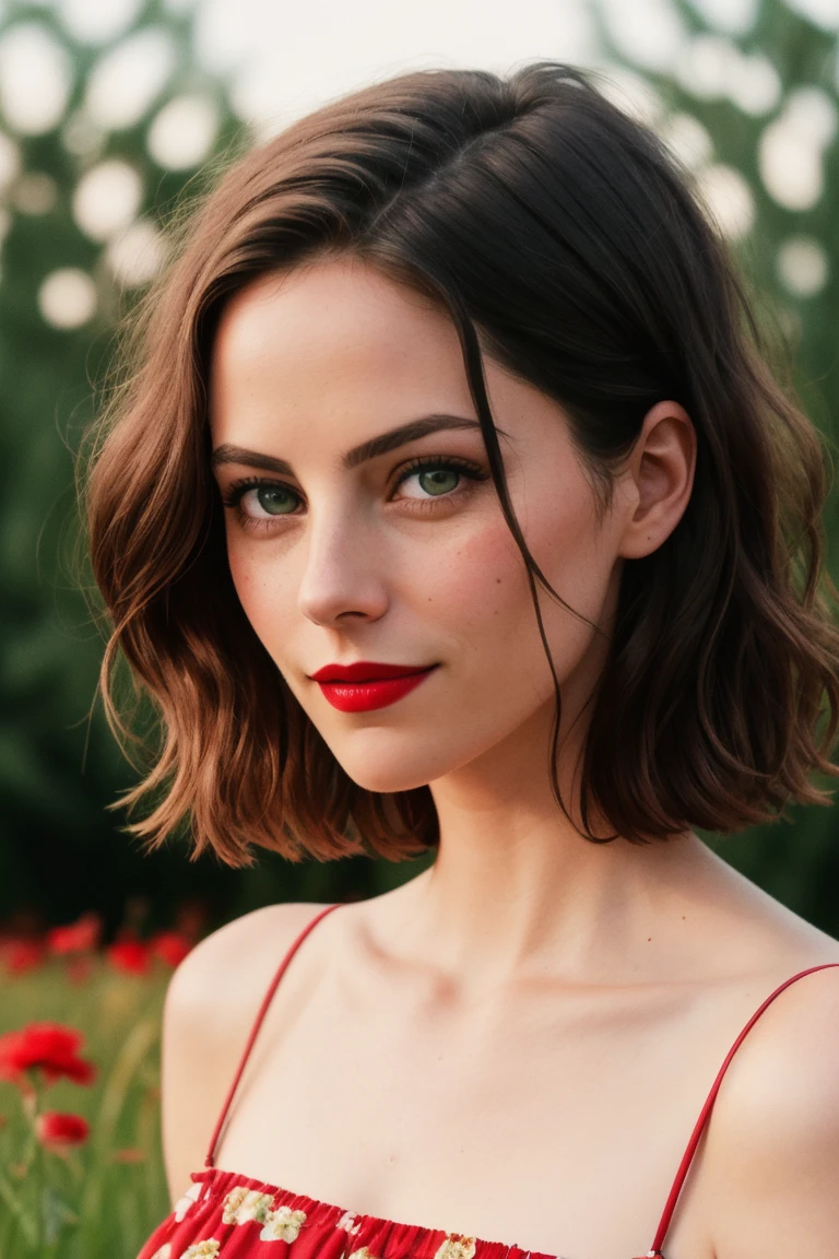 kayascod:0.99, ((red lipstick, blush)), ((detailed eyes, beautiful eyes, detailed face, beautiful face):1.2), cowboy shot, waist, hips, thighs, ,photo of a woman, RAW, ((beautiful floral print sundress)),((short hair, pixie cut)), ((outdoors, gorgeous meadow, walking)), 8k uhd, dslr, soft lighting, high quality, film grain, Fujifilm XT3 sharp focus, f 5.6,slight smile