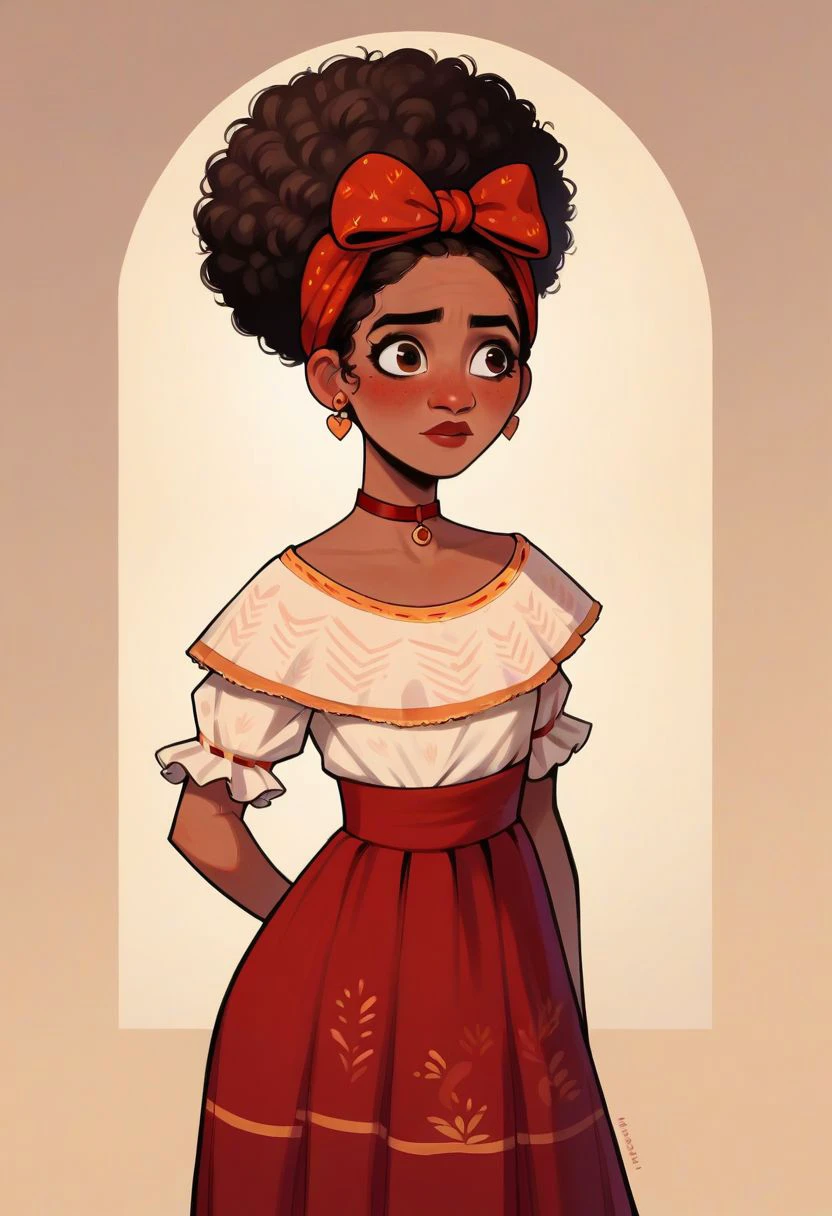 score_9, score_8_up, score_7_up, score_6_up, score_5_up, score_4_up, ponypositive, 
1girl, Dolores Madrigal, Dolores Madrigal(/Encanto)/,(ultra HD quality details), black skin, ebony girl, (afro, hair bow), upward hairbun, hair bow, earrings, red choker, brown eyes,  (dress, red skirt, traditional clothes), Slim girl, flat chest, tiny breasts, wide hips, narrow waist, skinny,