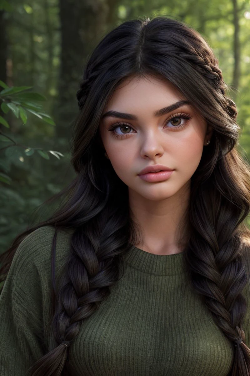 closeup headshot of S448_EvonWahab,a beautiful woman,in a (forest:1.1),wearing a (sweater),(braid),(4k, RAW photo, best quality, 50mm, depth of field, ultra high res:1.1),(intricate, photorealistic, cinematic-shot, masterpiece, ultra-detailed:1.1),