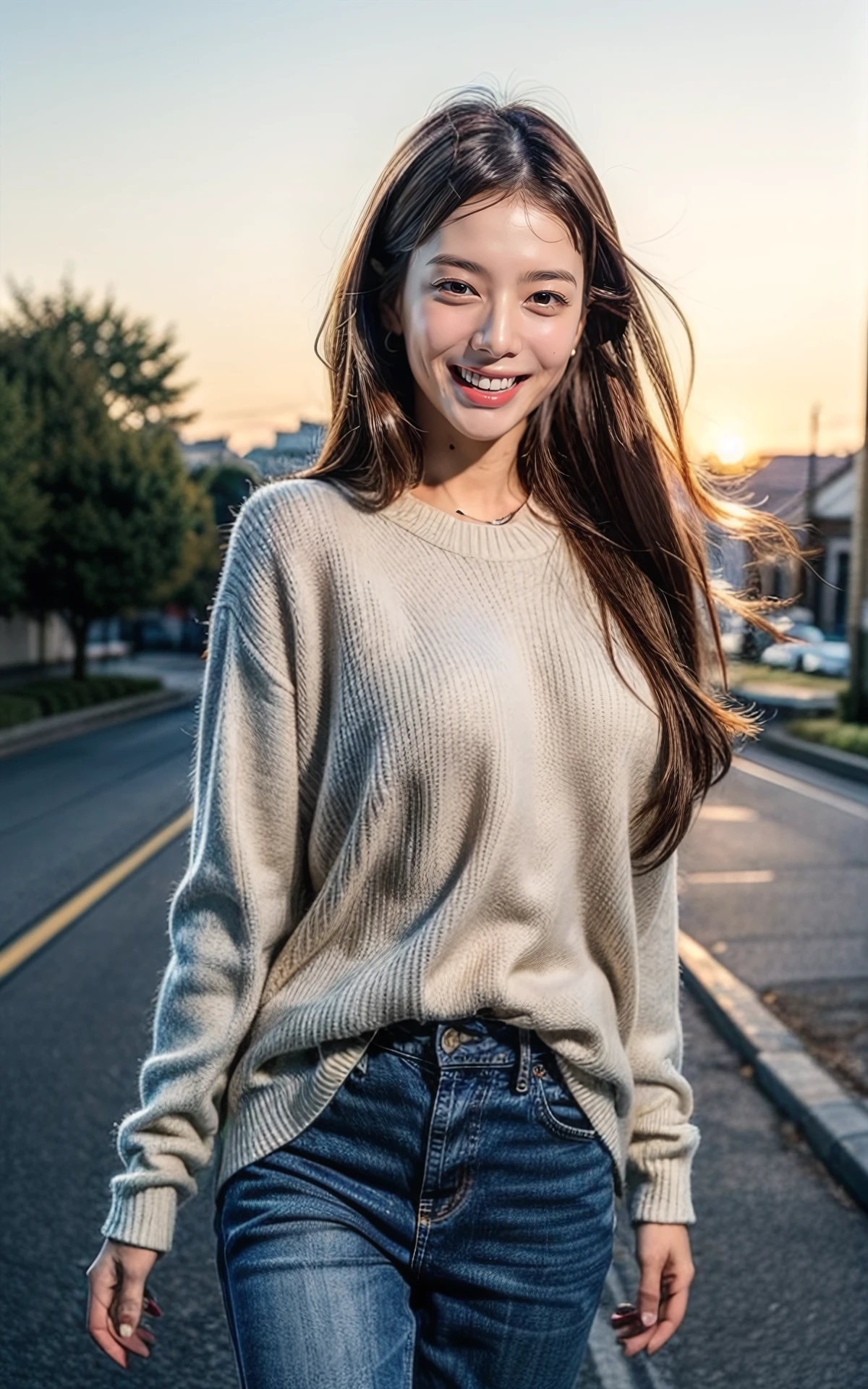 (smiling:1.2), (fullbody:1.2),  (realistic), (hyperrealism), (photorealistic:1.4), 1girl,  looking at the viewer, eye makeup, detailed eyes, detailed face, (upper body:1.2), detailed background, walking at the streets, sunset, (windy:1.2)  z1pp3rsw3at3r,, sleeves past wrists, zipper sweater, Denim jeans <lora:more_details:1>  <lora:zoom_slider_v1:-2>  <lora:Roh_jeong_eui_V1:1> B_Roh_jeong_eui_V1 1girl