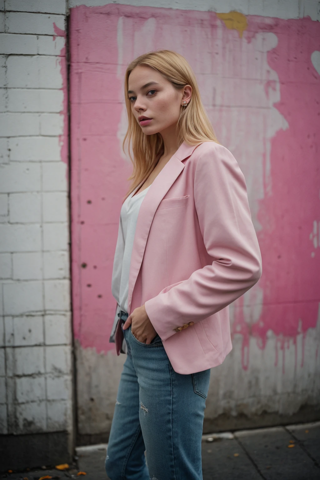 photo of a beautiful blond girl, (side part), Oversized blazer, skinny jeans, loafers, shoulder bag, stud earrings
BREAK
in urban graffiti, vibrant street art, creative expression, colorful
BREAK
pink bubblegum color theme by jingna zhang
BREAK
<lora:[AU]_-_Margot_Robbie:1>