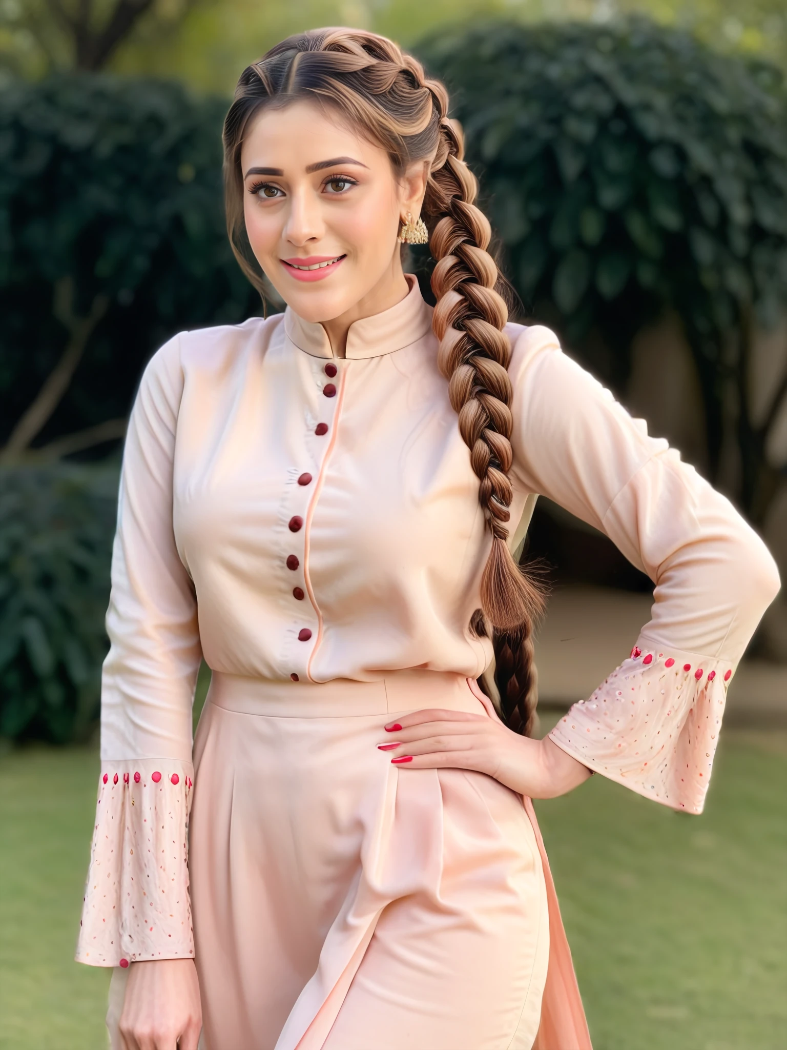 photo of Hiba Nawab woman,  wearing conservative Apricot colored clothing, full body, dynamic pose, braids, smile, looking at the camera, lipstick, soft lighting, outdoors in bokeh <lora:Hiba_Nawab_SDXL_LoRA_adafactor:1>