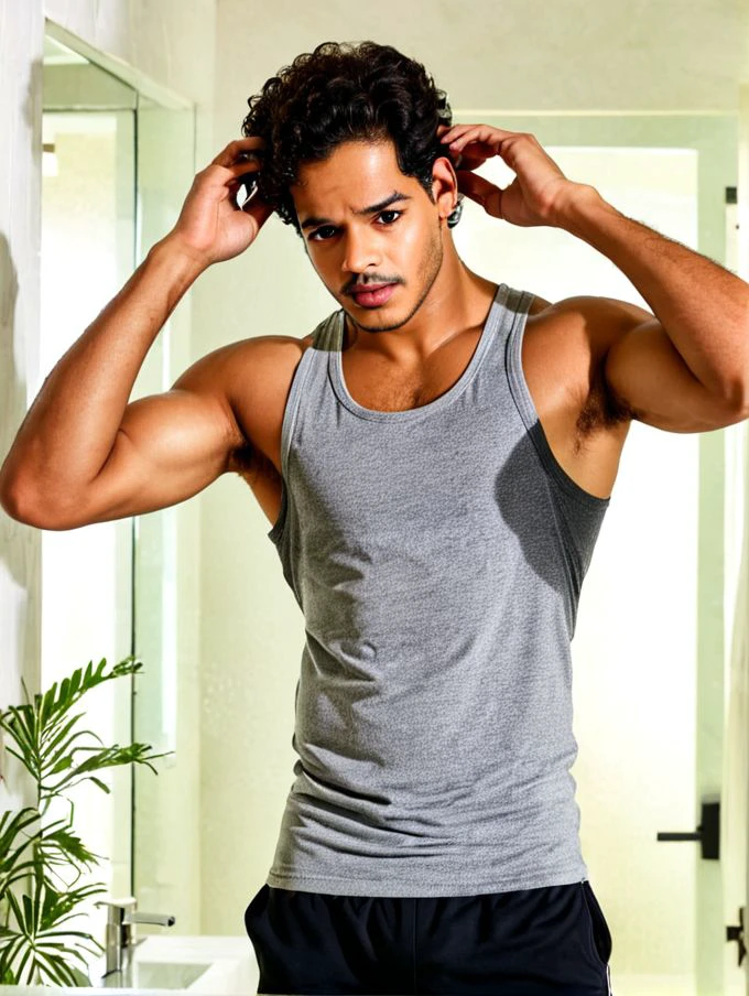 Ishaan Khatter a man <lora:Ishaan-Khatter:0.6>, Is wearing a gray tank top with sweat and black shorts. standing with his hands over his face as if he is in pain or discomfort. The background is lush bright bathroom in white which contrasts with the man's dark clothing and adds to the starkness of the image. body is muscular, rugged appearance, high-res, best quality, s3t on armpit chest and belly, medium full body shot, 8k uhd, dslr, soft light, high quality, Fujifilm XT3
<lora:sweaty_shirt_v5-28-B1-Rescale:1>