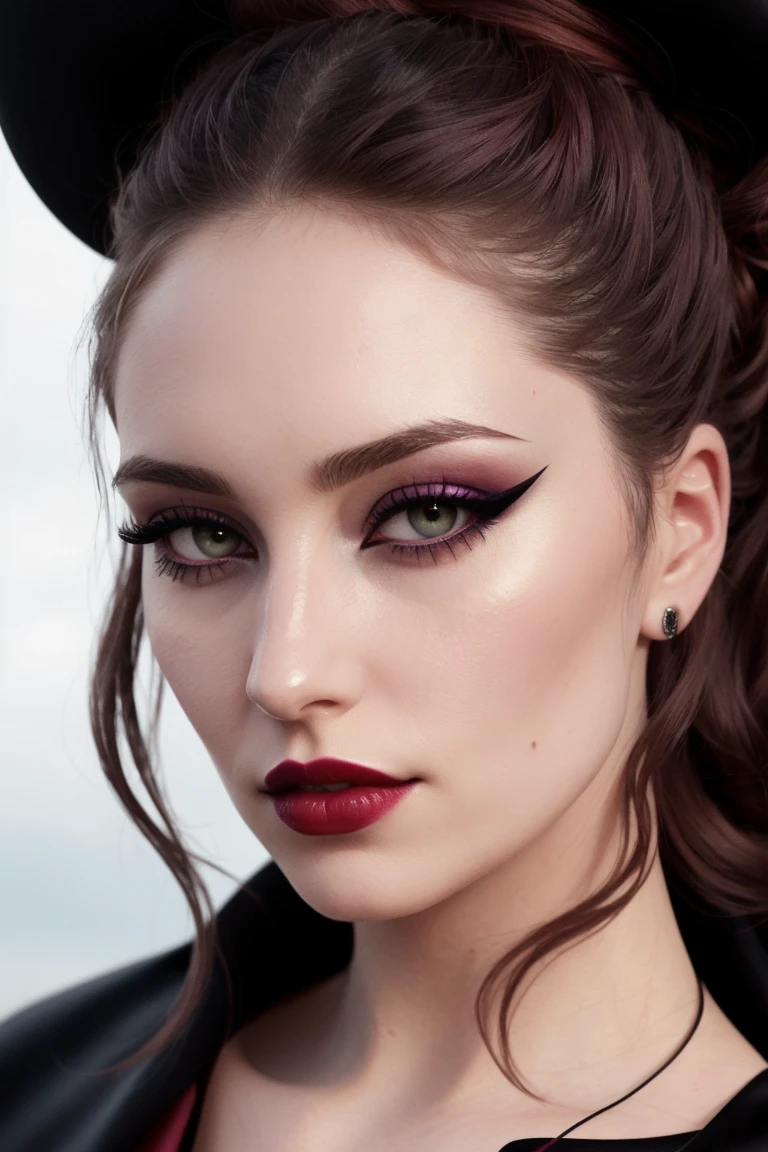 elsiehewitt:0.99,((detailed eyes, beautiful eyes, detailed face, beautiful face):1.2), ((red lipstick, blush, pale skin)), , photo of a woman, ((outdoors, military cape, military uniform, military medals)), serious, ((military parade, cloudy, overcast, fancy updo, dark red hair, hair up, hair in bun)), ((dark lipstick, heavy eye shadow, heavy eyeliner, goth makeup, pale skin)), (closeup, portrait)