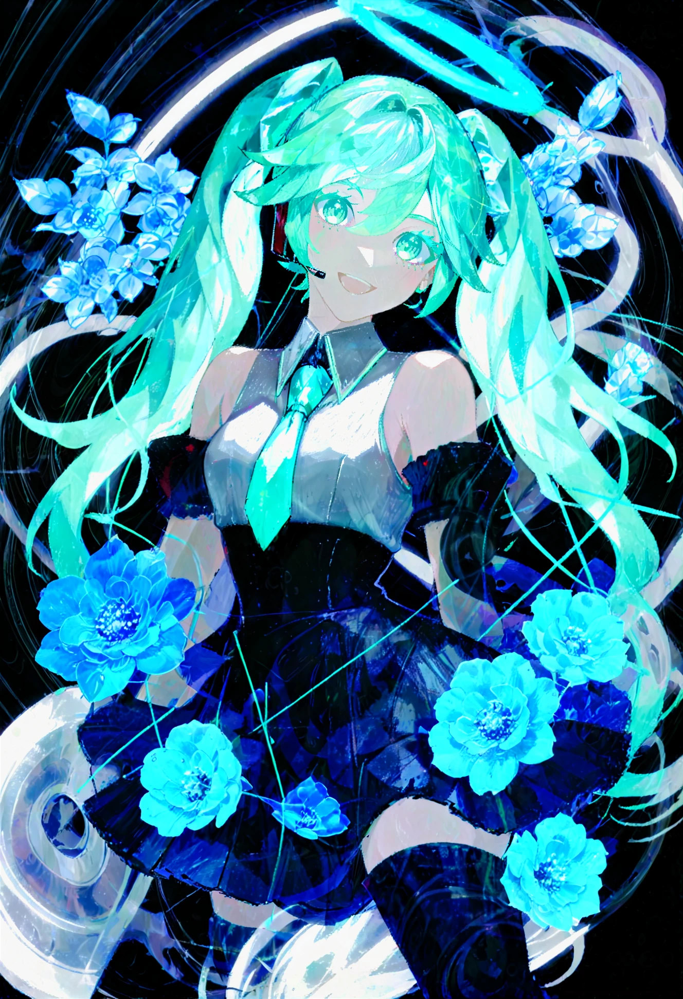 masterpiece, best quality,1girl, solo, hatsune miku, long hair, detached sleeves, necktie, gears, skirt, twintails, shirt, looking at viewer, open mouth, smile, aqua hair, black skirt, sleeveless shirt, sleeveless, flower, pleated skirt, thighhighs, very long hair, aqua necktie, thigh boots, floating hair, tattoo, aqua eyes, white background, blue flower, nail polish, blush, headset, black thighhighs, collared shirt, aqua nails, rose, :d, bare shoulders, zettai ryouiki, hair between eyes, grey shirt, boots, headphones, black sleeves ,
<lora:honoXLlokr4f-000174:0.95>