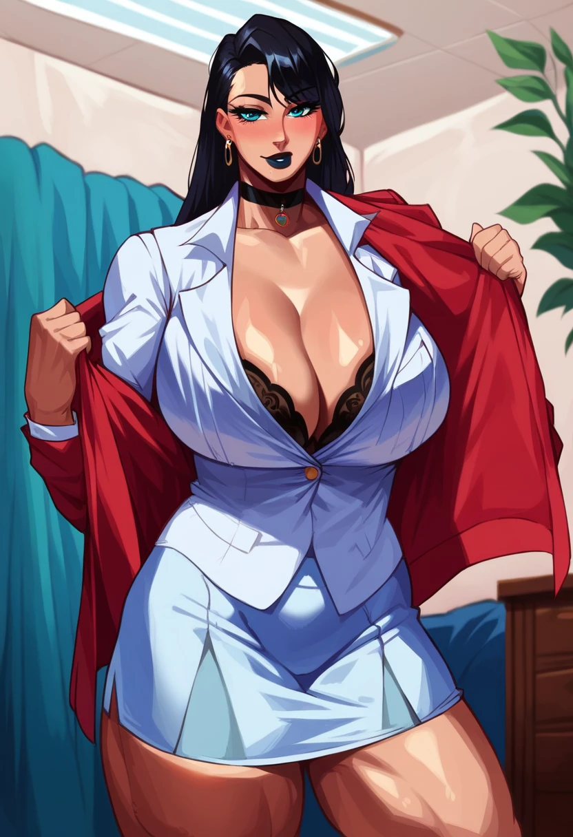 score_9, score_8_up, score_7_up, score_6_up, saigalisk style BREAK 1girl, female, huge breasts, thick thighs, wide hips, voluptuous, huge ass, seductive, seducing viewer, long black hair, black lips, choker, professional attire, business attire  <lora:sotcho-000002:1>