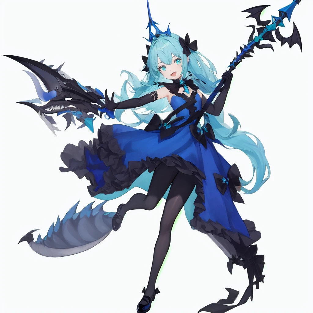 <lora:xihuanfengge:1>,
1girl,solo,gloves,weapon,pantyhose,dress,polearm,white background,long hair,elbow gloves,simple background,open mouth,wings,holding,holding weapon,blue dress,full body,smile,bow,looking at viewer,aqua eyes,black gloves,aqua dress,grey hair,black bow,black footwear,tiara,dragon,shoes,black pantyhose,, masterpiece, best quality,
