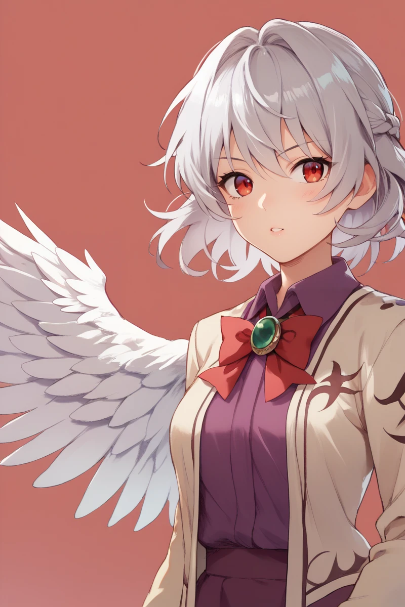 score_9, score_8_up, score_8, score_9, 1 girl,  source_anime, kishin sagume, (single wing), wings, white wings, red eyes, grey hair, purple shirt, purple dress, brooch, [green brooch], jacket, bowtie, red bowtie, red ribbon, long sleeves, <lora:sagume_pony-10:1>,  <lora:ShinbonPony:0.8>