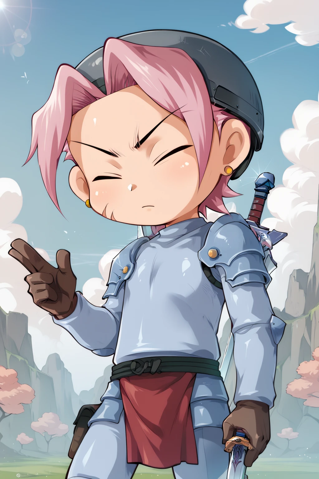 score_9, score_8_up, score_7_up, score_6_up, score_5_up, score_4_up, source_anime, 1boy, chibi, cowboy shot, solo, Dodo, scar on cheek, dyed bangs, grey helmet, pink hair, closed eyes, long sleeves, gloves, golden earings, sky blue armor, (red pelvic curtain:1.1), <lora:Dodopony:0.9>, <lora:Concept Art Eclipse Style LoRA_Pony XL v6:0.6>, holding sword