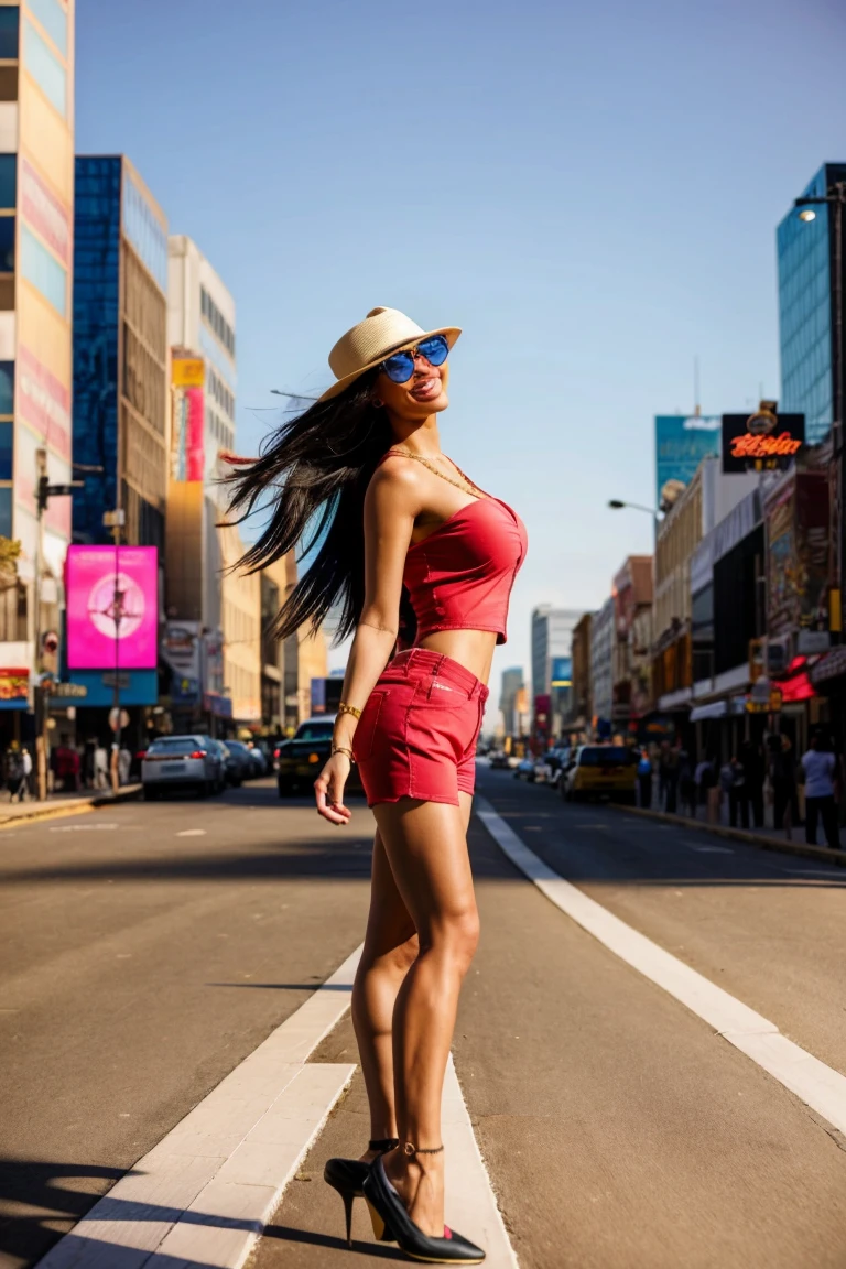 City streetscape with vibrant urban backdrop: towering skyscrapers, bustling sidewalks, and neon billboards. Framed by a warm overhead sunlight casting long shadows. Beautiful woman, mid-twenties, with sun-kissed hair and bright smile, wearing a bike-inspired top and micro jean shorts, showcasing toned legs. She struts confidently down the street, arms swinging, as passersby gaze admiringly. Profile view, looking at viewer<lora:EMS-179-EMS:0.800000>, <lora:EMS-403272-EMS:0.800000>