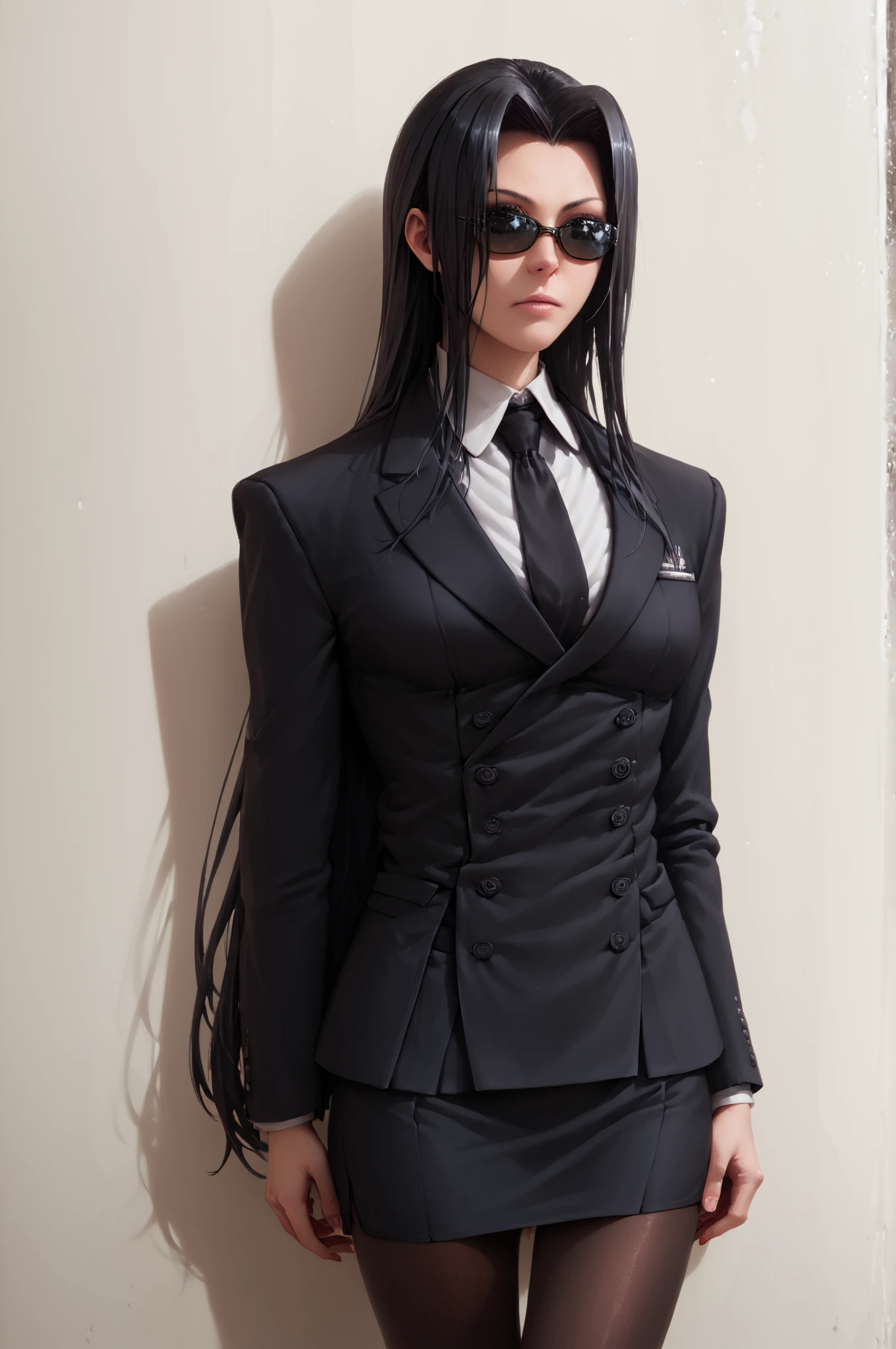 score_9, score_8_up, score_7_up, score_6_up, score_5_up, score_4_up,kuroko_smith, long_hair, solo, black_hair, sunglasses, skirt_suit work_smith <lora:Smith100per-Pony-000007:0.99> pantyhose, double_breasted_blazer, (high quality, detailed, beautiful)