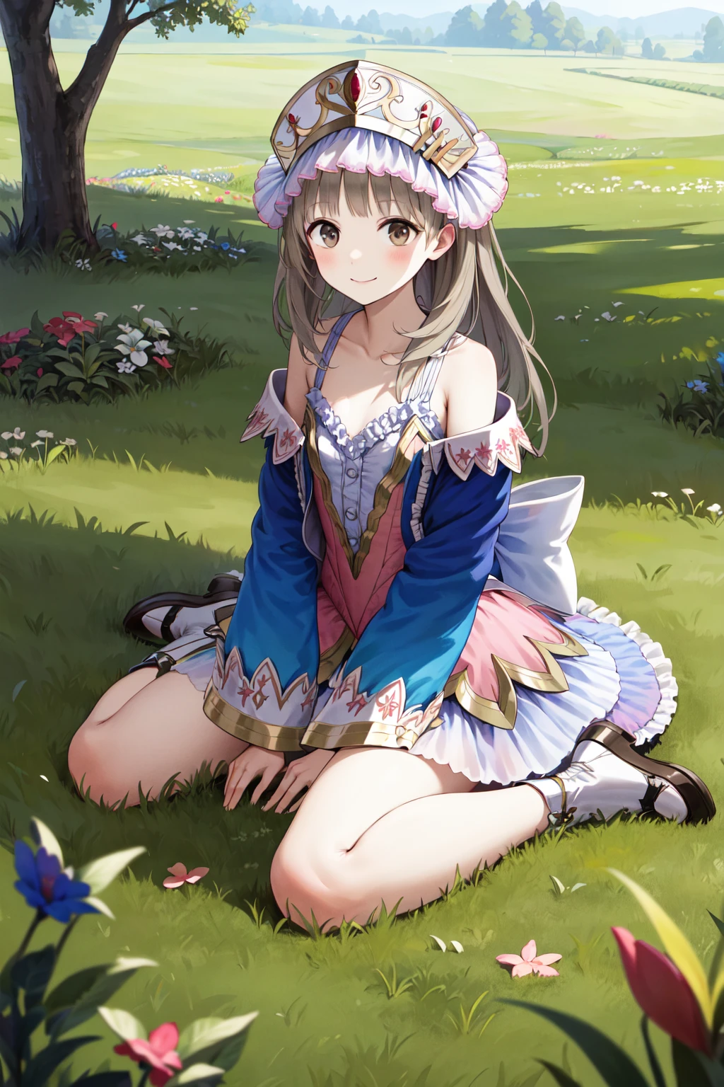 masterpiece, best quality, highres, aatotooria, long hair, hat, headdress, brown eyes, collarbone, bare shoulders, frills, pink dress, blue jacket, open jacket, skirt, <lora:totooria_helmold_v1:0.7>, grass, field, wariza, smile