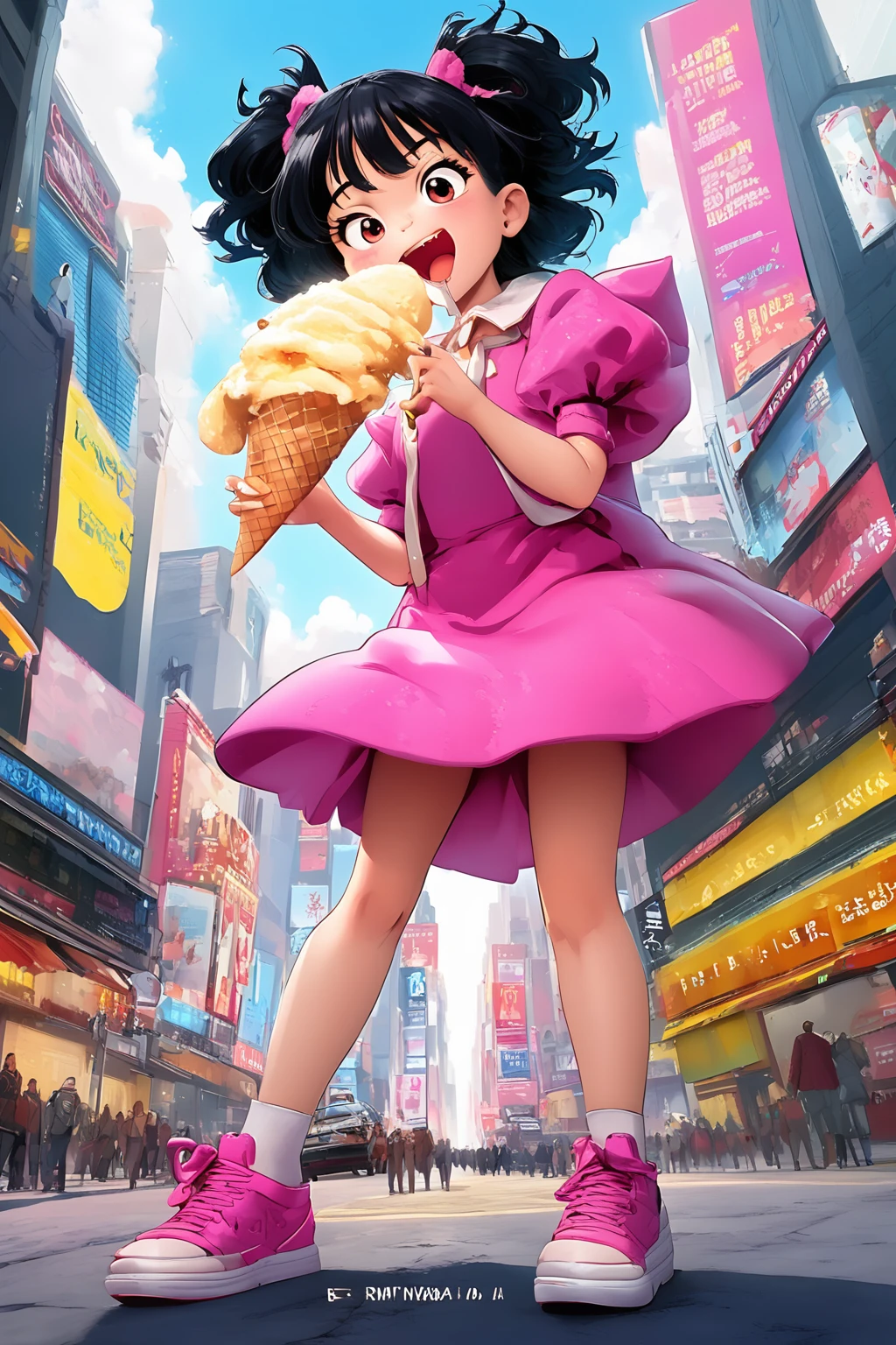 young girl with black hair and pink clothes, joyfully devouring an enormous ice cream cone. The girl has a vibrant, animated expression, and her hair is styled in a whimsical and fun manner. The background shows a bustling, colorful city with a mix of modern and vintage architecture.