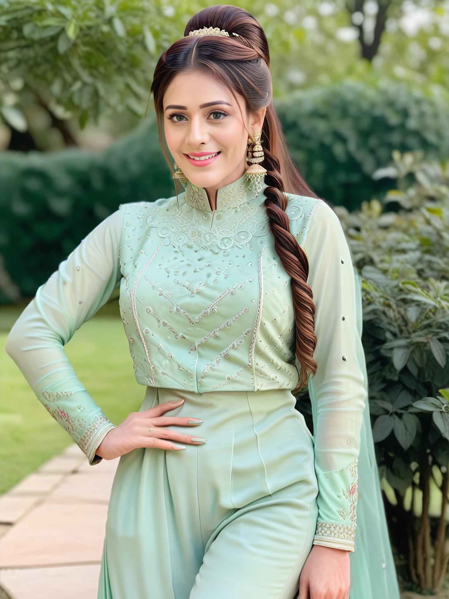 photo of Hiba Nawab woman,  wearing conservative intricate Mint Green colored clothing, full body, dynamic pose, hair in bun, smile, looking at the camera, lipstick, soft lighting, outdoors in bokeh <lora:Hiba_Nawab_SDXL_LoRA_adafactor:1>