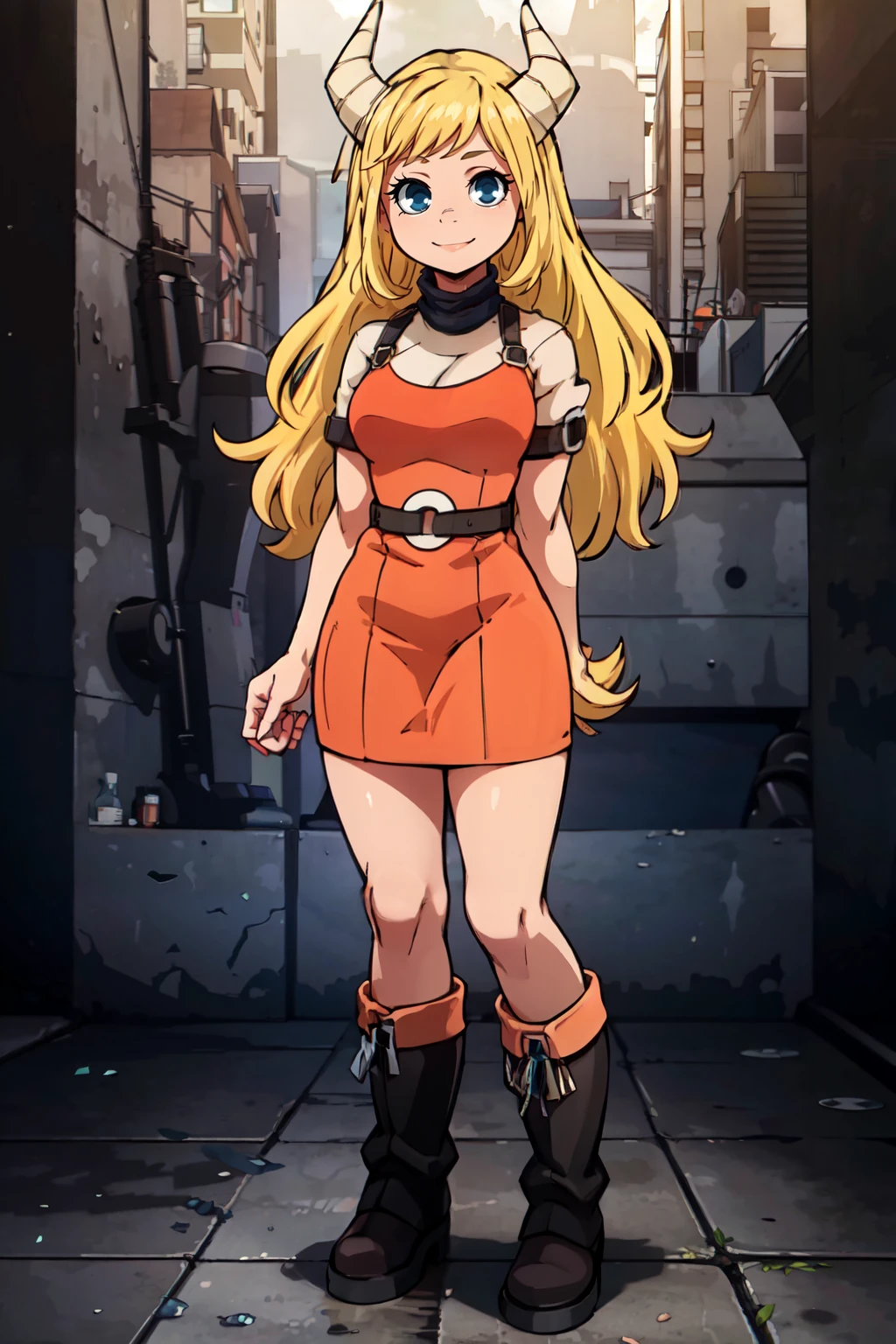 ((masterpiece,best quality)), absurdres, <lora:Tsunotori_Pony:0.7>,  zzTsunotori, blonde hair, long hair, blue eyes,    orange dress, standing, full body, boots,   smile, looking at viewer,