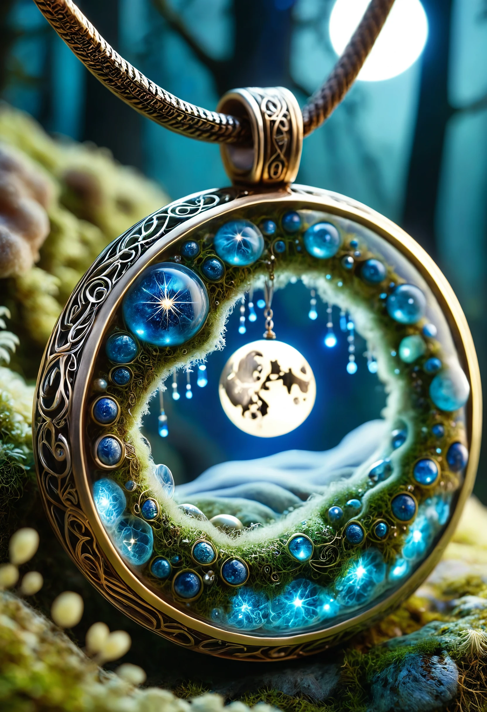 A close-up of an enchanted pendant lying on a bed of moss, under a full moon. The pendant glows with a soft blue light, casting mystical patterns on the moss around it
<lora:dvr-cl-dvsn:0.8> dvr-cl-dvsn