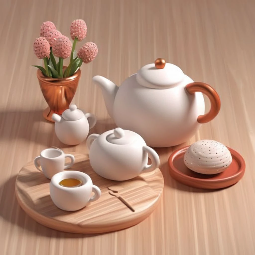 teapot, tea cup, flower vase, on wooden table with tablecloth