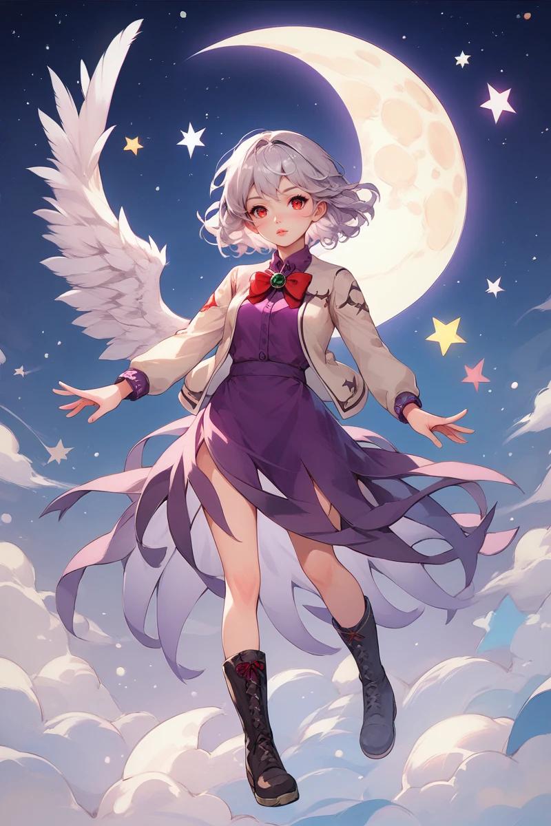 score_9, score_8_up, score_8, score_9, 1 girl,  source_anime, kishin sagume, (single wing), wings, white wings, red eyes, grey hair, purple shirt, purple dress, brooch, [green brooch], jacket, bowtie, red bowtie, red ribbon, long sleeves, <lora:sagume_pony-10:1>, detailed background, space, stars, moon, glowing, full body, black boots,  <lora:3th3r34lXLP:0.8> 3th3r34l,