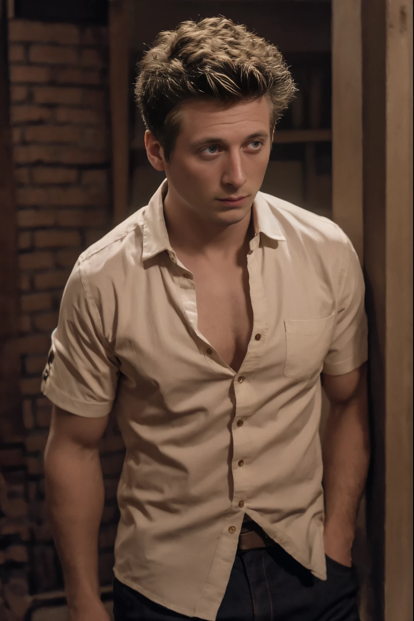 Portrait of Lip Gallagher, he is (wearing a cream coloured short sleeved button up shirt, with three buttons undone:1.4), handsome man, attractive man, handsome male, inspired by Pablo Munoz Gomez, editorial photograph, midshot of a Lip Gallagher, by Roman Bezpalkiv, by Artur Tarnowski, maxim sukharev, by Gabor Szikszai,Highly Detailed, highly detailed