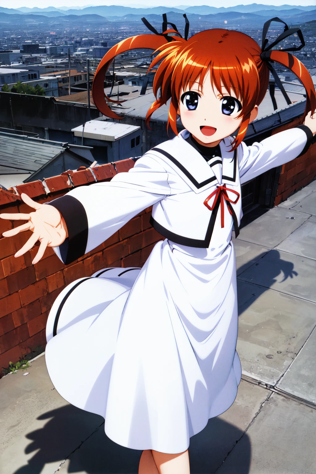 masterpiece, best quality, highres, bbnanoha, short twintails, hair ribbon, small breasts, school uniform, sailor collar, neck ribbon, (white shirt:1.2), sailor dress, long sleeves, white skirt, <lora:takamachi_nanoha_v1:0.7>, cowboy shot, rooftop, city, outstretched arms, smile, open mouth,