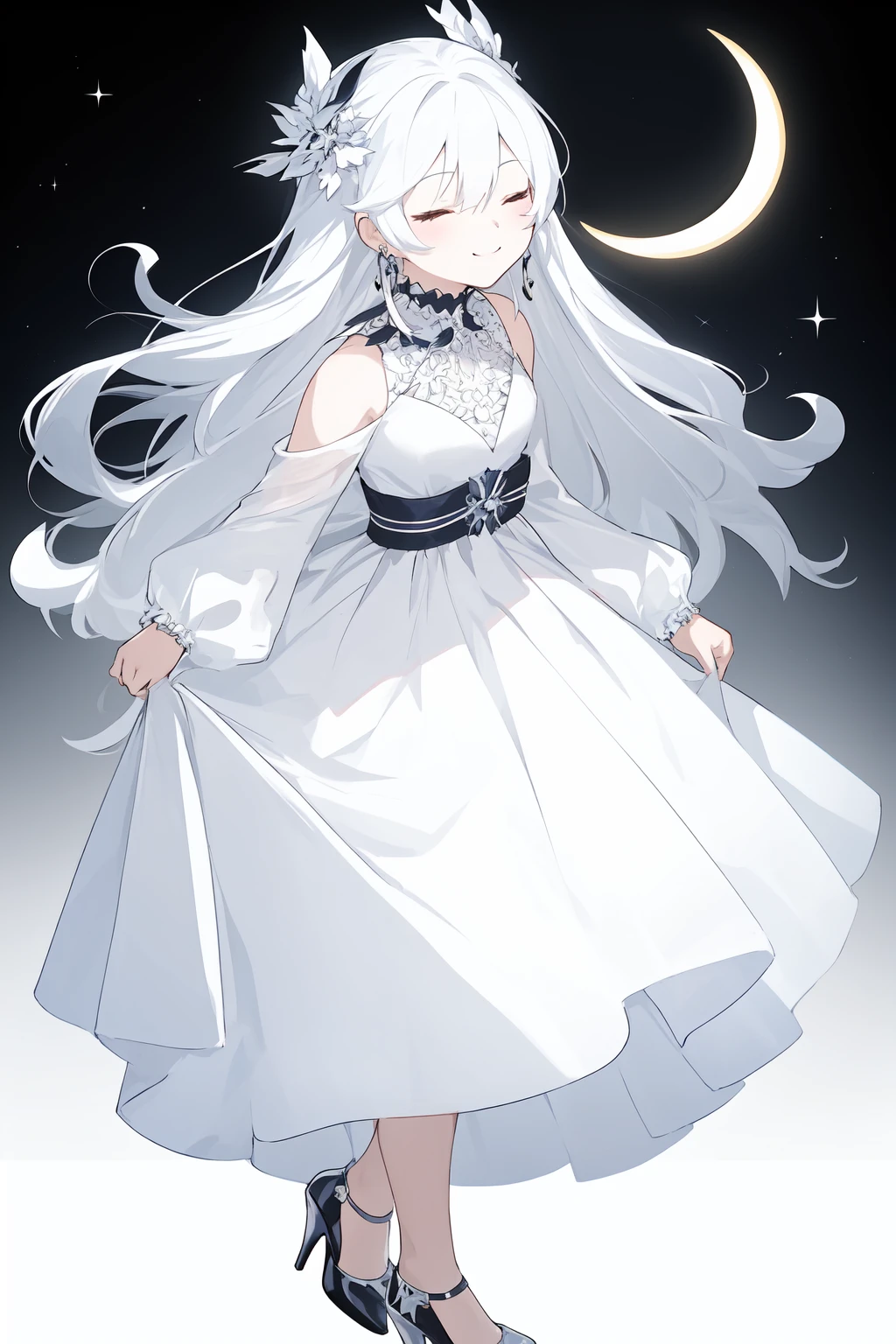 1girlï¼ artist_nameï¼ closed_eyesï¼ crescentï¼ crescent_facial_markï¼ dressï¼ earringsï¼ facial_markï¼ full_bodyï¼ high_heelsï¼ jewelryï¼ long_hairï¼ smileï¼ soloï¼ white_backgroundï¼ white_dressï¼ white_footwearï¼ white_hairï¼ white_theme,,<lora:çå©å¸2.0:0.7>,