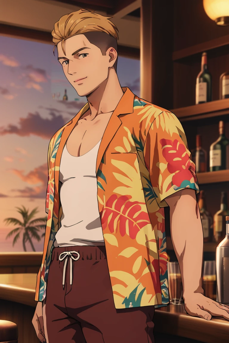 score_9,score_8_up,score_7_up, solo male, Ryoma Arakai, blond hair, two-tone hair, slicked back hairstyle, undercut, grey eyes, white undershirt, orange hawaiian shirt, open shirt, brown shorts, smile, adult, mature, masculine, slim, tone body, handsome, charming, alluring, standing, upper body, perfect anatomy, perfect proportions, best quality, masterpiece, high_resolution, dutch angle, cowboy shot, bar, palm, sunset<lora:EMS-392012-EMS:0.800000>