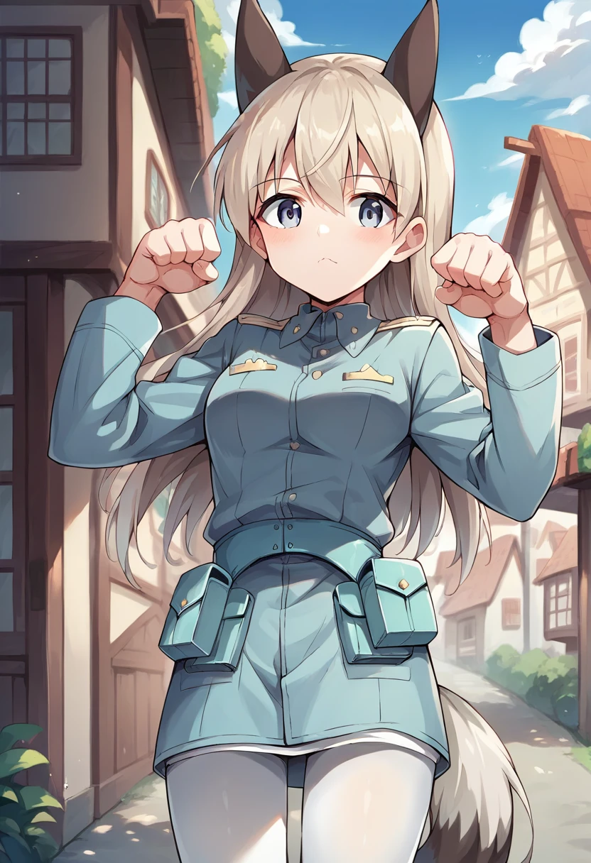 score_9, score_8_up, score_7_up, source_anime, masterpiece, 1girl, ctianelia, light blue uniform, cyan belt pouch, white pantyhose, looking at viewer, fox ears, fox tail, fox girl, paw pose, outdoors, town, <lora:Eila_strike_witches_pony_ct:0.8>