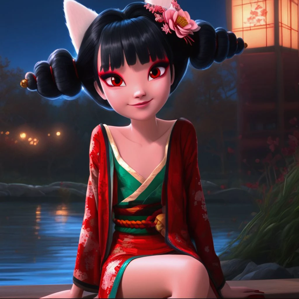 fox-demon, solo, alone, cute face, black hair, red eyes, pigtails, hair ornament, red kimono, sitting, looking the viewer, high quality, on lake, on night, mrls,