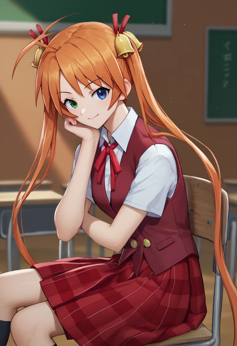 score_9, score_8_up, score_7_up, source_anime, solo, 1girl, kagurazaka asuna, smile, looking at viewer, sitting, chair, ahoge, twintails, hair bell, heterochromia, green eyes, blue eyes, school uniform, red vest, white shirt, neck ribbon, red ribbon, short sleeves, red skirt, plaid skirt, indoors, classroom <lora:mahousensei_kagurazaka_ponyXL:1>