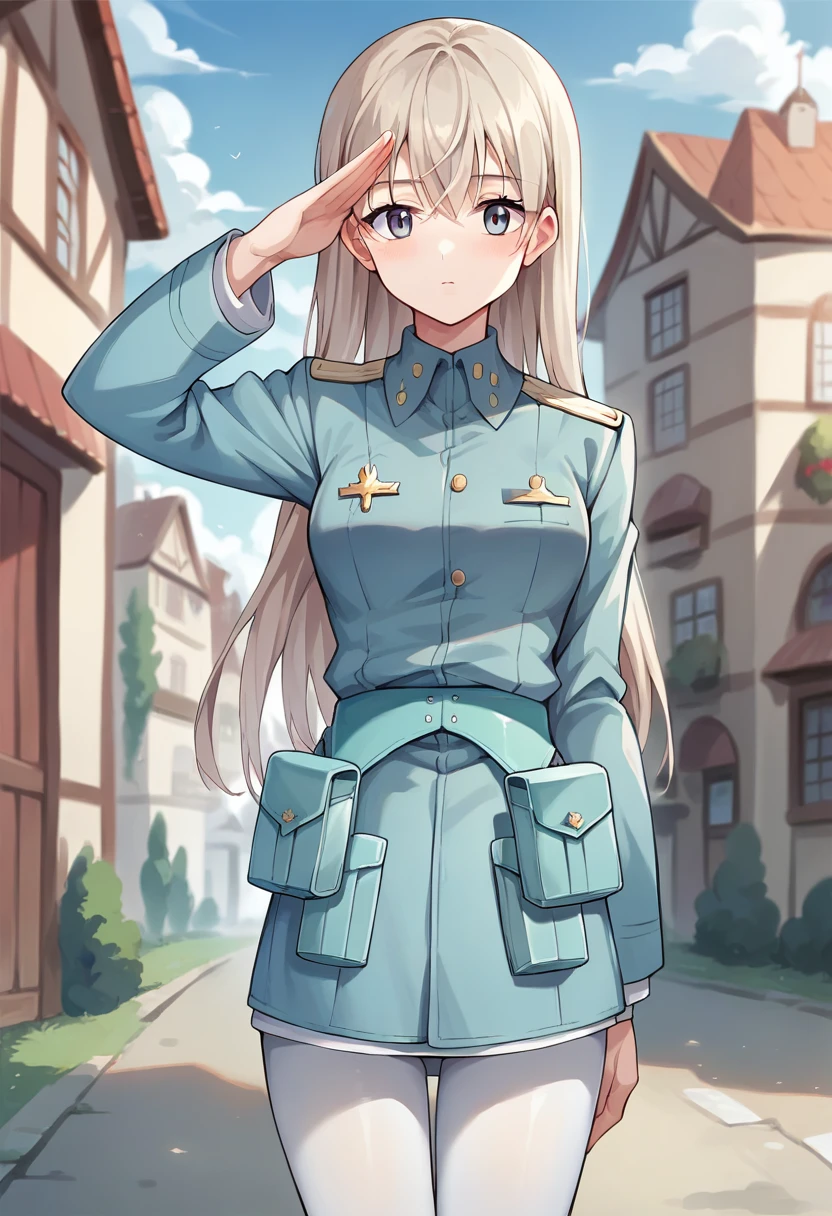 score_9, score_8_up, score_7_up, source_anime, masterpiece, 1girl, ctianelia, light blue uniform, cyan belt pouch, white pantyhose, looking at viewer, salute, outdoors, town, <lora:Eila_strike_witches_pony_ct:0.8>