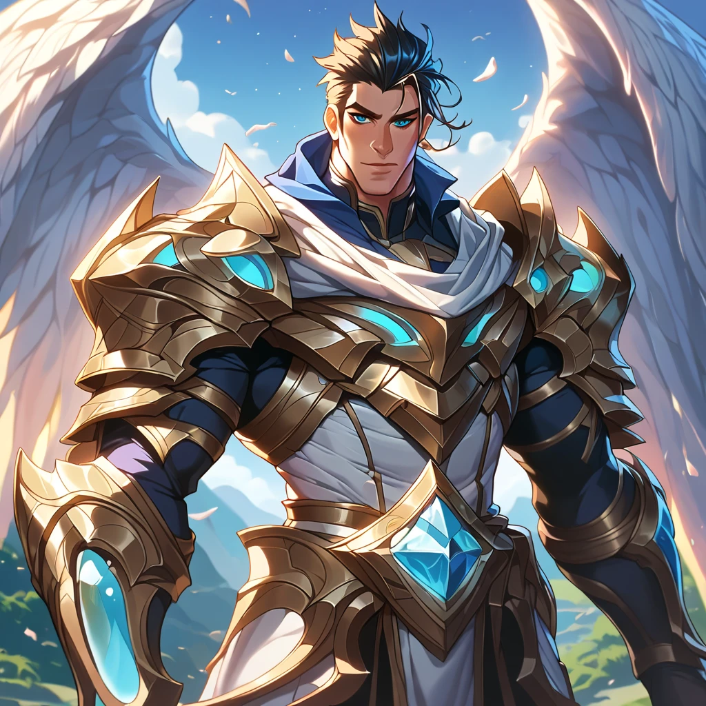 handsome male figure with angelic features and white wings, wearing golden armor with blue accents and in the style of League of Legends character art, in a fantasy setting, unrealstyle, amazing quality, insane details