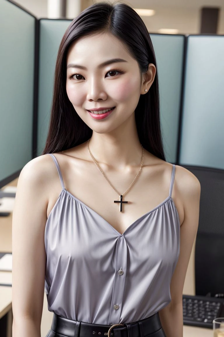 Asian woman, closeup, (shirt), pants, (kitchen), cross necklace , [KM_sakura:KM_joanna], wide shoulders, perfect face, (contact iris: 1.1), pale skin, skin pores , depth of field