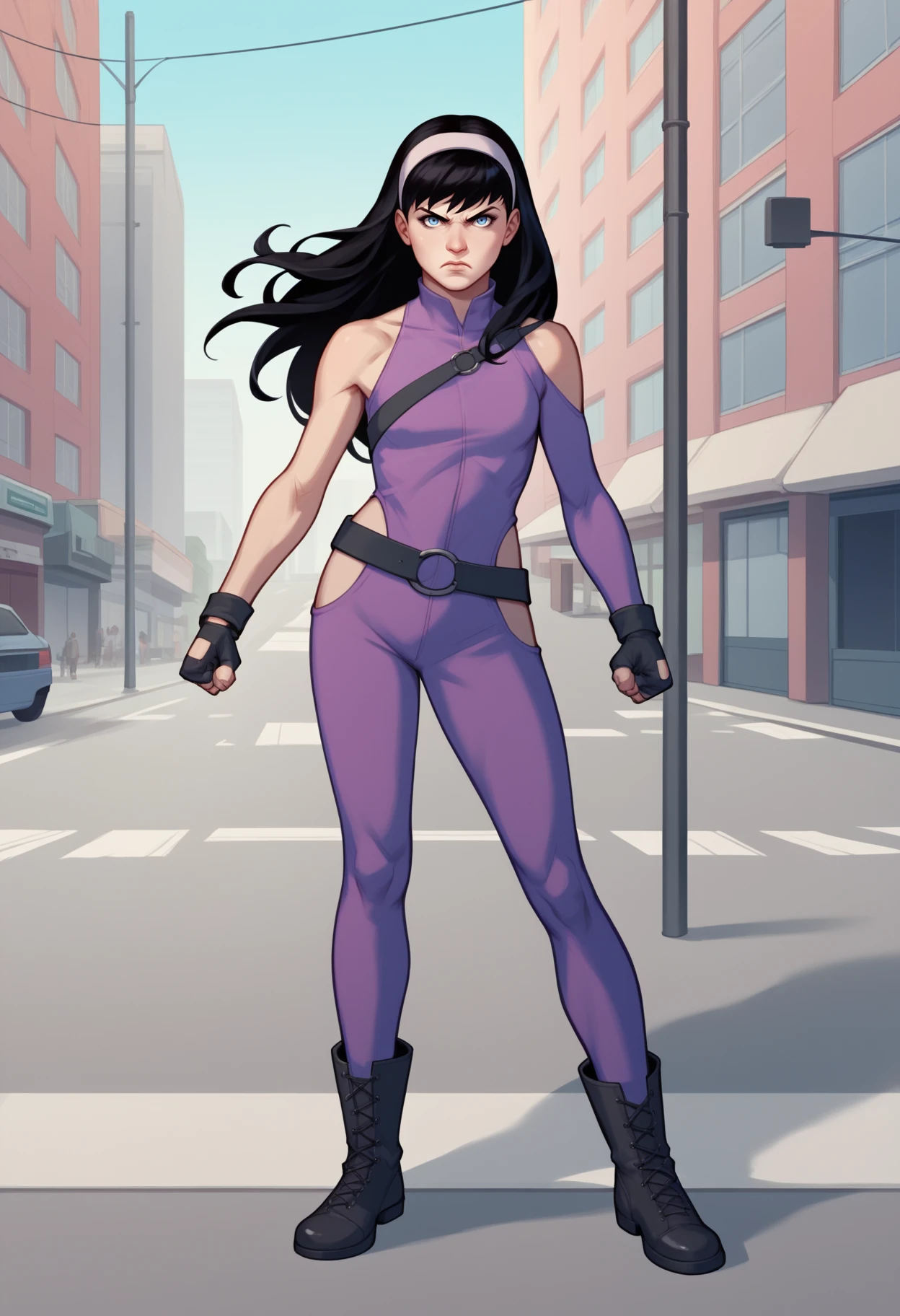 score_9, score_8_up, score_7_up, score_6_up, score_5_up, score_4_up, BREAK,
1girl, katebishop, black hair, long hair, blue eyes, hairband,
purple bodysuit, shoulder cutout, one-side sleeveless, belt, boots, fingerless gloves,
clenched hands, serious, solo, standing, looking at viewer, buildings, street, new york street background <lora:KateBishopXL:1>