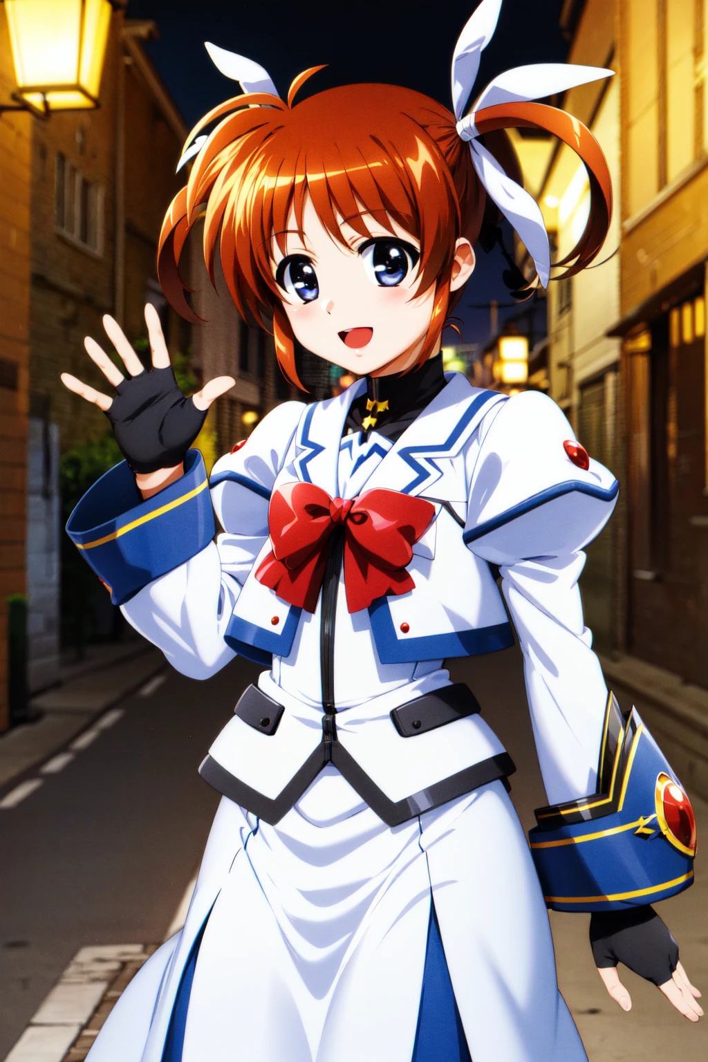 masterpiece, best quality, highres, aananoha, short twintails, hair ribbon, white ribbon, small breasts, magical girl, red bow, white jacket, white dress, puffy sleeves, long sleeves, fingerless gloves, black gloves, long skirt, <lora:takamachi_nanoha_v1:0.7>, cowboy shot, waving, smile, open mouth, night, street