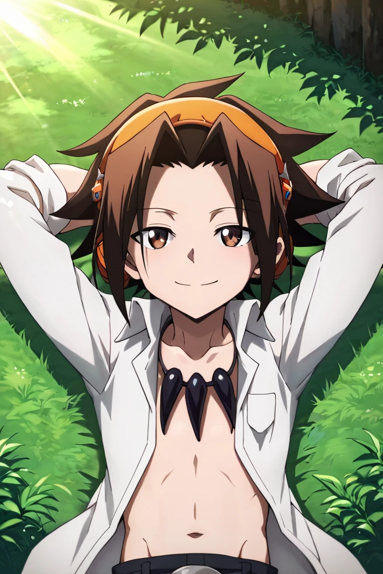 score_9,score_8_up,score_7_up,source_anime,1boy,solo,looking at viewer, Asakura Yoh,brown hair, brown eyes,spiked hair,headphonese, White shirt, open shirt, jewelry,necklace,hands behind head, outdoors, smile, lying, light rays, grassland<lora:EMS-403319-EMS:0.800000>