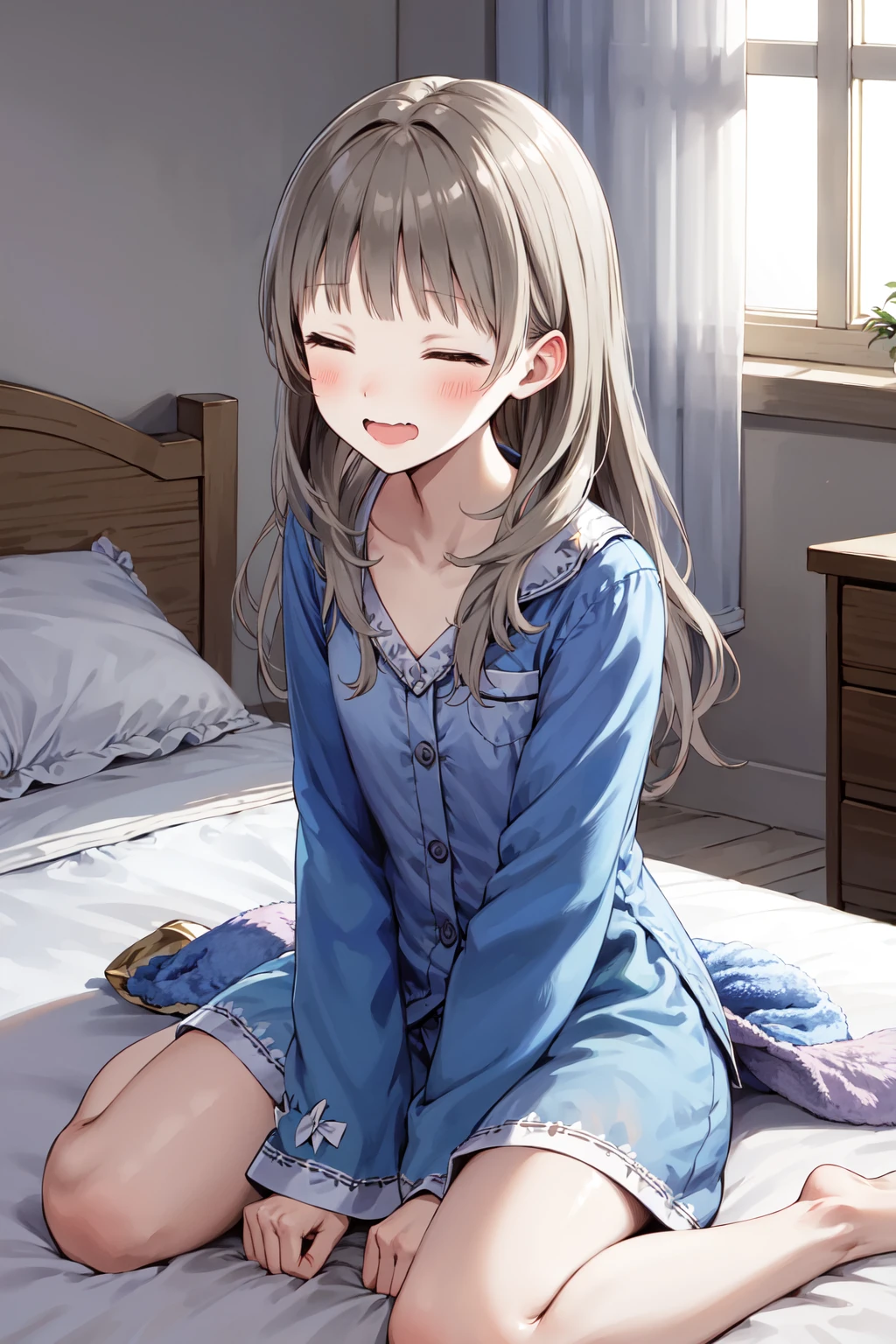 masterpiece, best quality, highres, aatotooria, long hair, brown eyes, <lora:totooria_helmold_v1:0.7>, closed eyes, open mouth, on bed, wariza, pajama, wavy mouth,