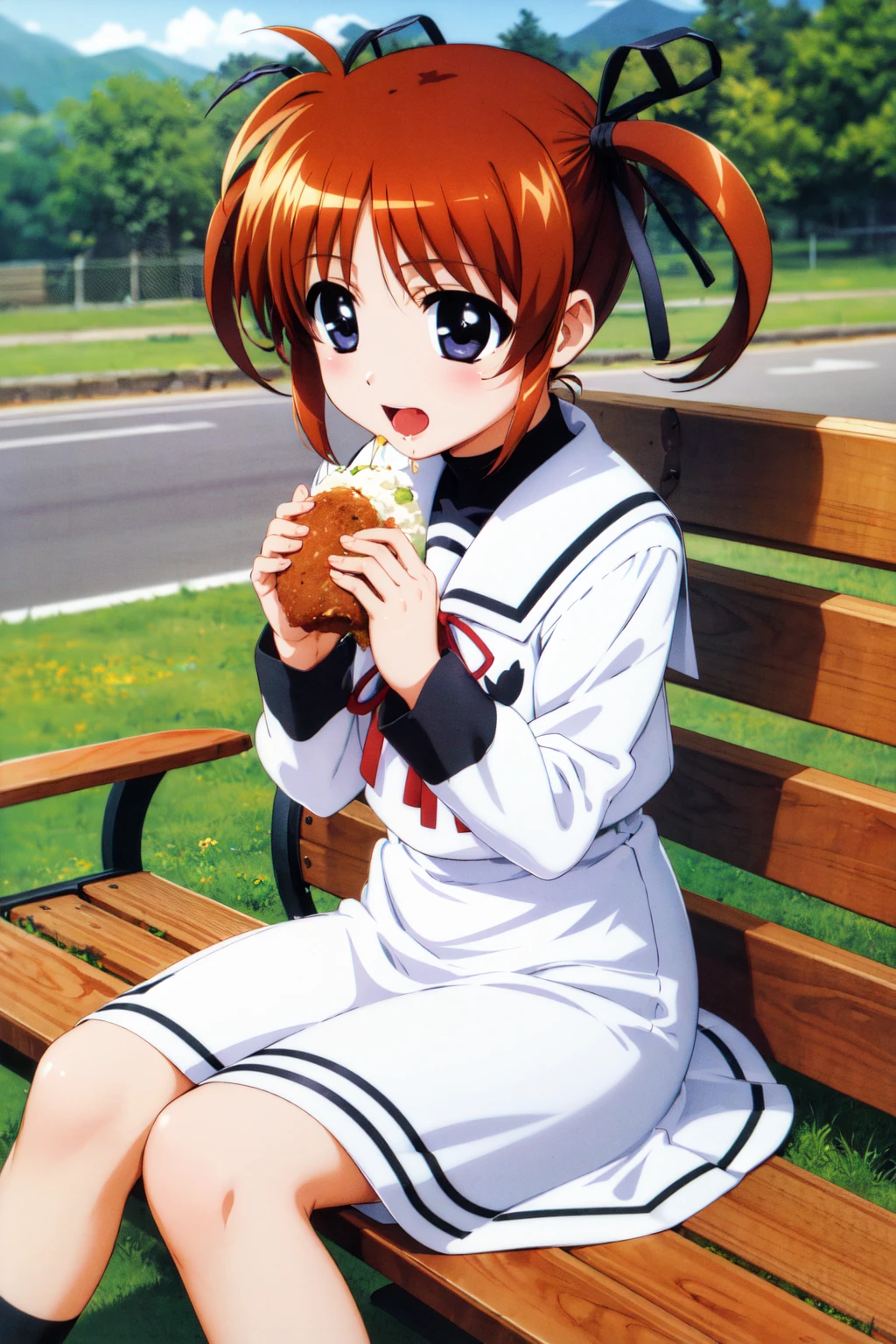 masterpiece, best quality, highres, bbnanoha, short twintails, hair ribbon, small breasts, school uniform, sailor collar, neck ribbon, (white shirt:1.2), sailor dress, long sleeves, white skirt, <lora:takamachi_nanoha_v1:0.7>, sitting, bench, food, eating, outdoors, open mouth,