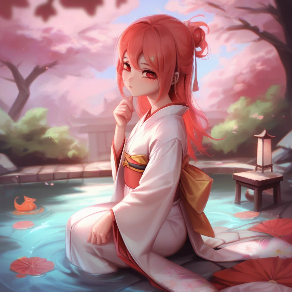 score_9, score_8_up, score_7_up, <lora:sirfy-15:1> sirfy, 1girl, long hair, red eyes, kimono, traditional clothes, japanese garden, koi pond, sakura trees, serene