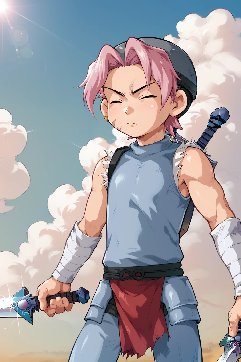 score_9, score_8_up, score_7_up, score_6_up, score_5_up, score_4_up, source_anime, 1boy, cowboy shot, solo, Dodo, scar on cheek, dyed bangs, grey helmet, pink hair, closed eyes, golden earings, sky blue armor, sleeveless, torn sleeves, bandaged arms, (red pelvic curtain:1.1), <lora:Dodopony:0.9>, <lora:Concept Art Eclipse Style LoRA_Pony XL v6:0.6>, holding sword