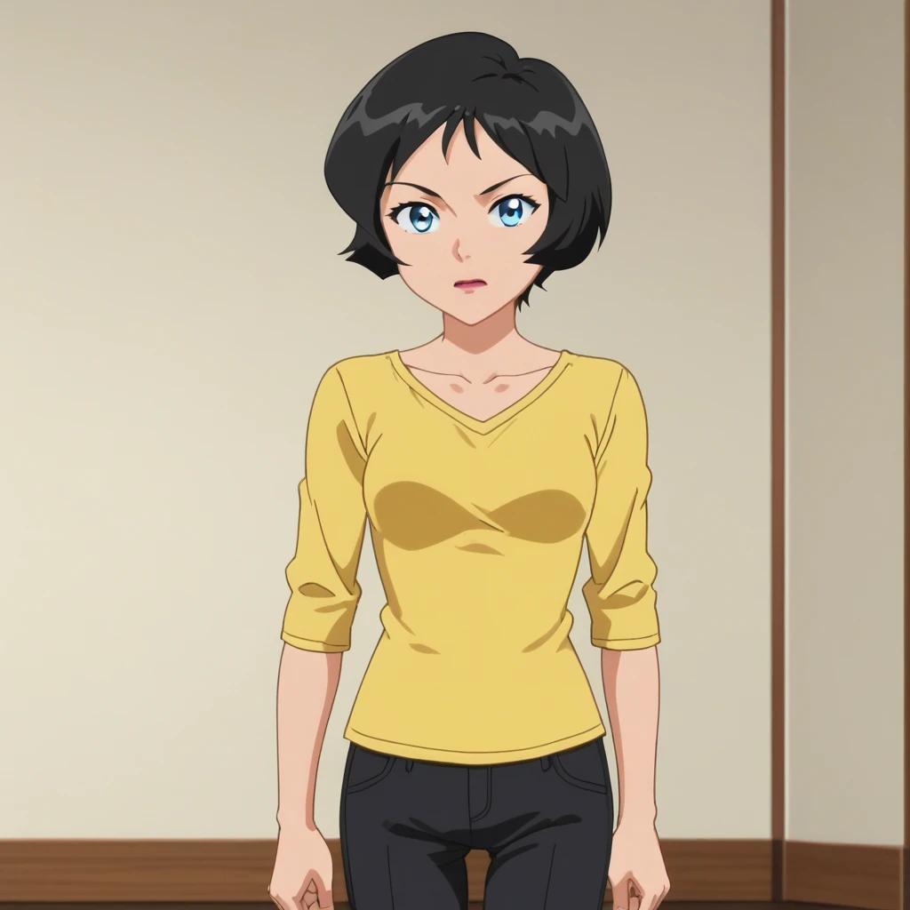 score_9_up, BREAK, anime screencap, Dominique, 1girl, solo, short hair, black hair, blue eyes, yellow shirt, black pants, cowboy shot,  <lora:Dominique_TotallySpies_PXL_Leaf2:0.8>,