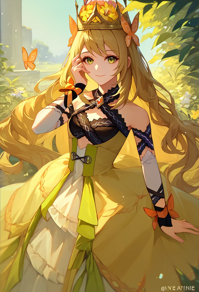 score_9, score_8_up, score_7_up, solo, 1girl, feceline, smile, looking at viewer, hand on own face, butterfly hair ornament, crown, yellow dress, cross-laced dress, detached sleeves, wrist bow, bare shoulders, outdoors <lora:fireemblem_celine_ponyXL:1>